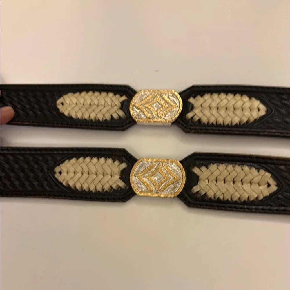 Black and Tan Woven Leather Belt with Silver Buckle